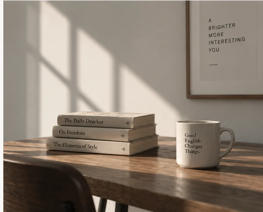A calm, sunlit desk with books and a mug